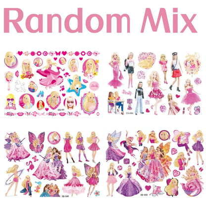 Barbie tattoo stickers featuring original pink princess designs. Waterproof and ideal for birthday parties, decorations, and gifts for kids and girls.