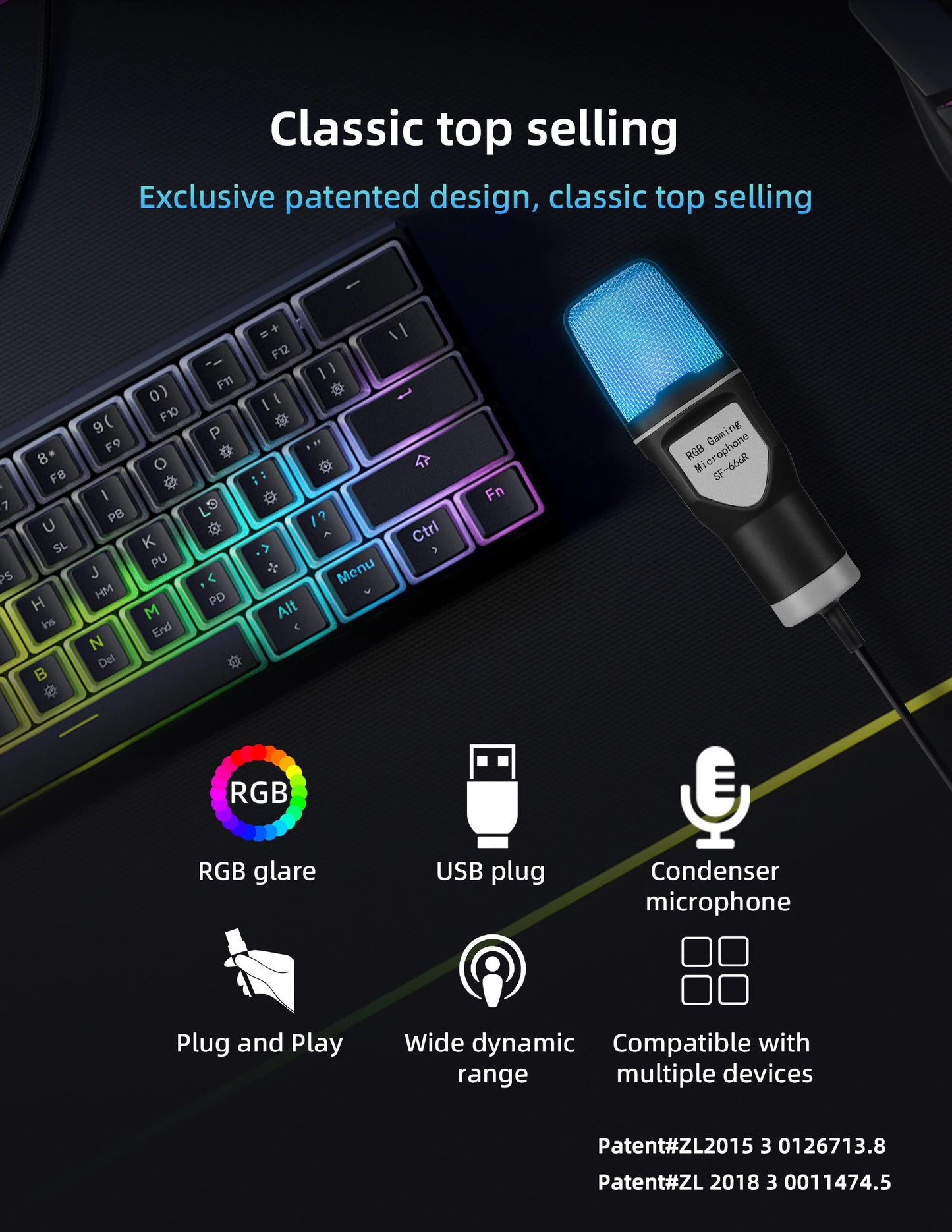 SF666R USB Microphone with RGB Lighting - Condenser Gaming Mic for PC