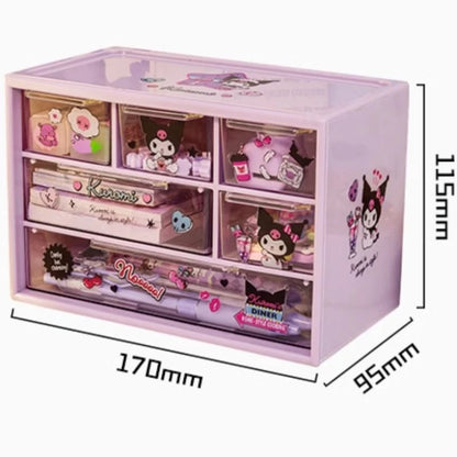 Sanrio 6-Grid Transparent Desktop Storage Box with Kuromi, Melody & Cinnamoroll Stickers