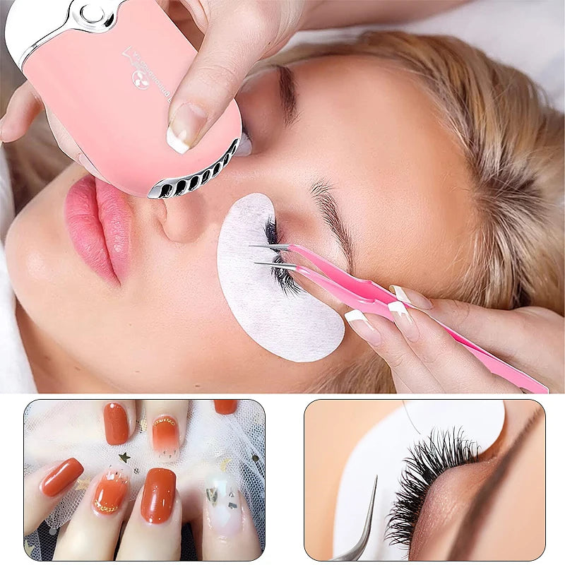 Mini USB charging eyelash fan dryer in vibrant colors, ideal for quickly drying lash extension glue. Compact, portable, and perfect for professional and everyday use.