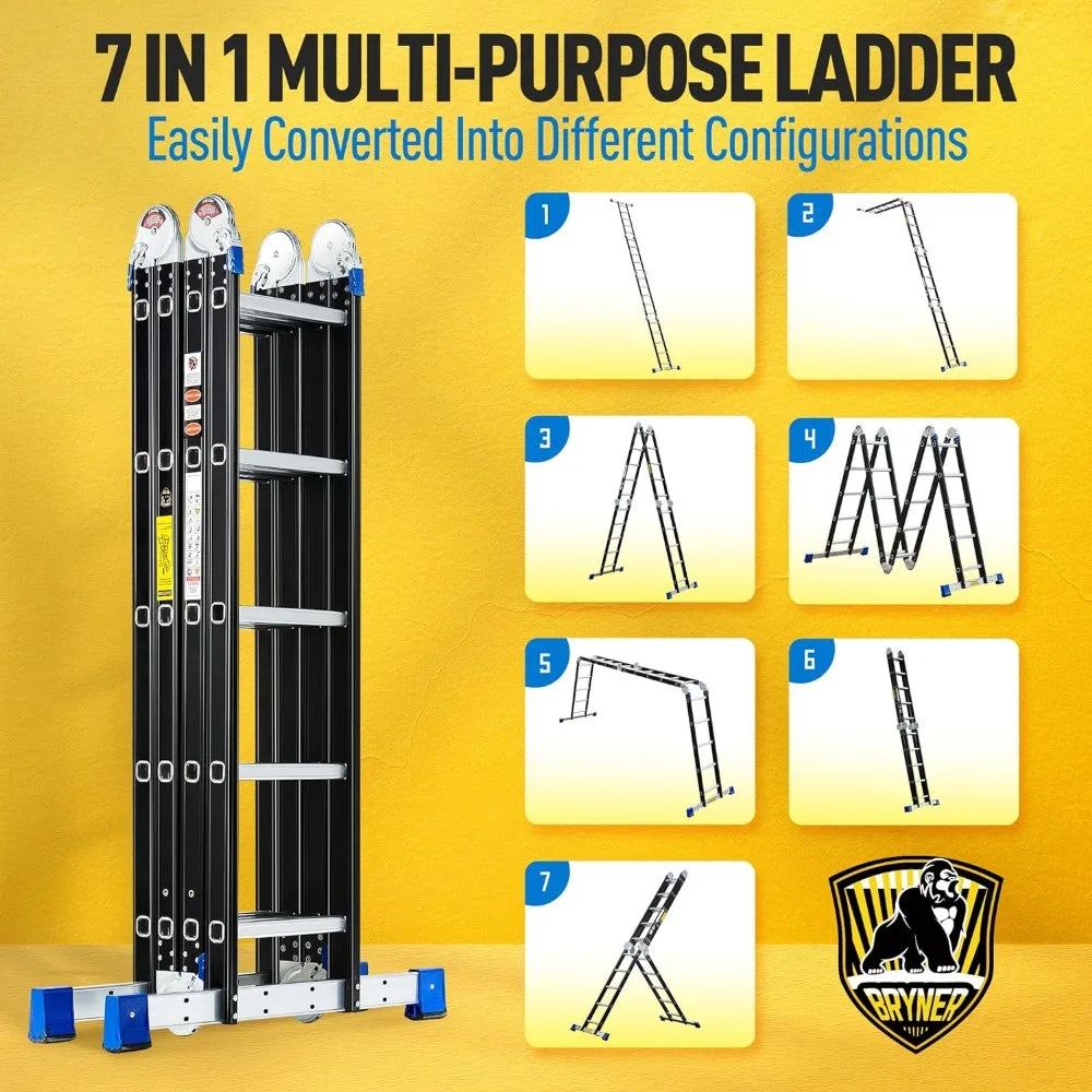 Bryner 7-in-1 folding telescoping aluminum ladder, 19.6ft, with stabilizer bars.