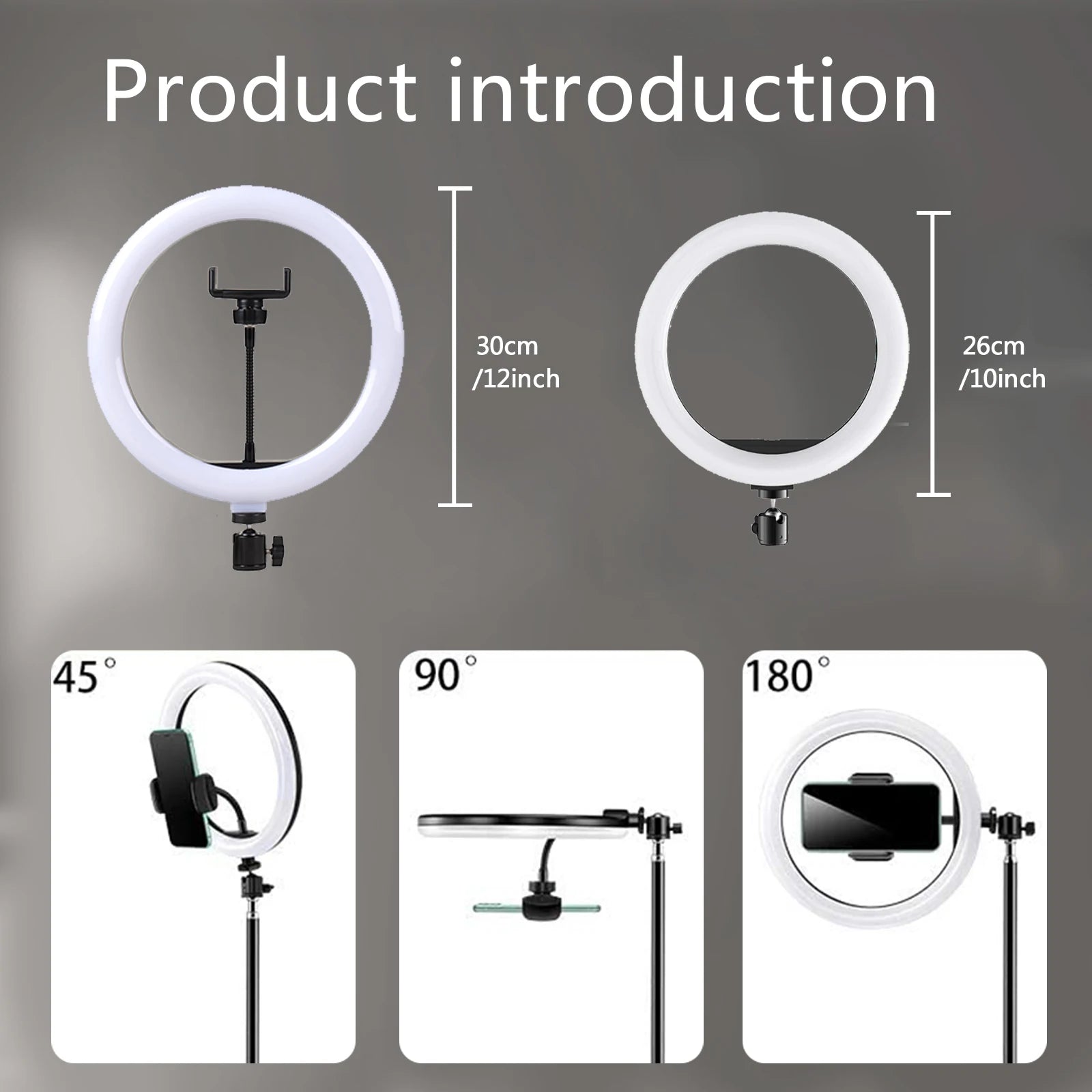 10" LED selfie ring light with adjustable bi-color temperature (3200K-5600K), 3 light modes (white, warm, soft), 10 brightness levels, and a stable tripod with phone stand. Ideal for makeup, live streaming, and photography.