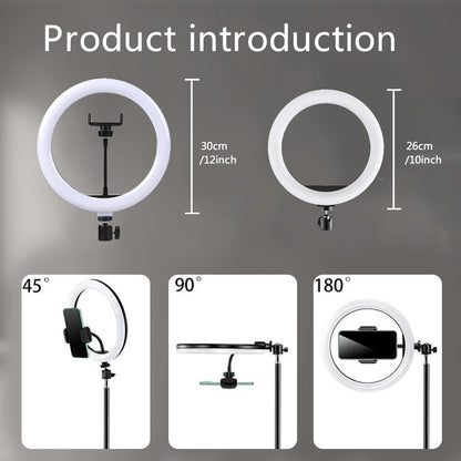 10" LED selfie ring light with adjustable bi-color temperature (3200K-5600K), 3 light modes (white, warm, soft), 10 brightness levels, and a stable tripod with phone stand. Ideal for makeup, live streaming, and photography.