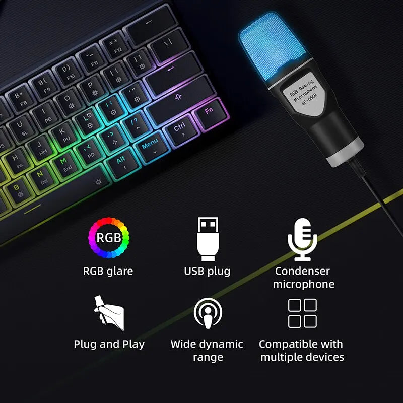 SF666R USB Condenser Microphone with RGB lighting, S-Mall diaphragm, and tabletop design, ideal for gaming, podcasting, and streaming.