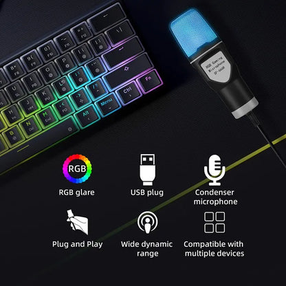 SF666R USB Condenser Microphone with RGB lighting, S-Mall diaphragm, and tabletop design, ideal for gaming, podcasting, and streaming.