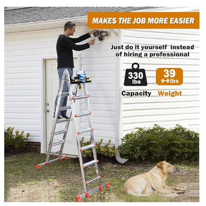 XMSJ 17 Ft telescopic aluminum ladder with stabilizer bars and removable tool tray.