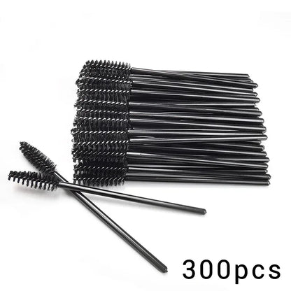 A collection of disposable eyelash mascara brushes and eyebrow spoolie wands, available in packs of 100 or 300. Ideal for lash extensions, eyebrow grooming, and makeup application.