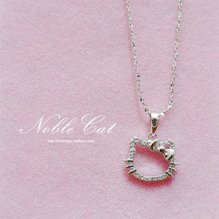 Kawaii Hello Kitty Crystal Pendant Necklace - Elegant White Zircon Jewelry for Girls