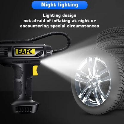 Portable 12V digital car air compressor with LED light for tire inflation.