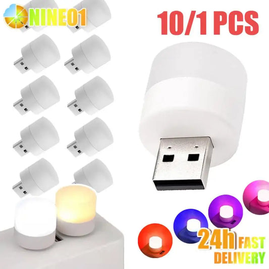 USB LED plug lamp, 1W night light providing warm white illumination. Available individually or in packs of 10, perfect for reading and portable lighting