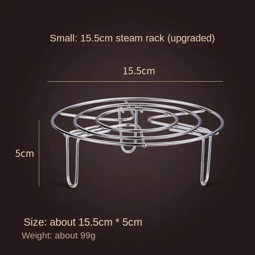 Stainless steel steamer rack in multiple sizes (15.5cm, 19.5cm, 23.5cm, 27.5cm). Made from durable 304 stainless steel, ideal for steaming vegetables and fish, with rust resistance and easy handling.