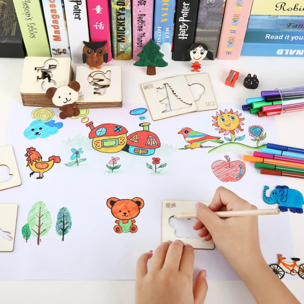 Wooden drawing stencils for kids, featuring various shapes and patterns. Ideal for DIY painting and crafting, designed for children aged 3-12 years.