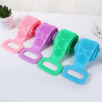 Silicone body scrubber bath brush with long strap for exfoliating and back massage