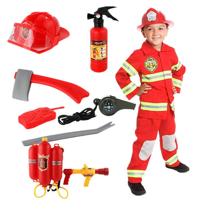 Children’s firefighter costume set with top, pants, adjustable helmet, and toy accessories, ideal for Halloween, career day, and imaginative play.