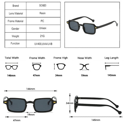 SO&EI fashion square sunglasses with retro rivet decoration and gradient UV400 lenses, available in leopard and blue, designed for women and men.