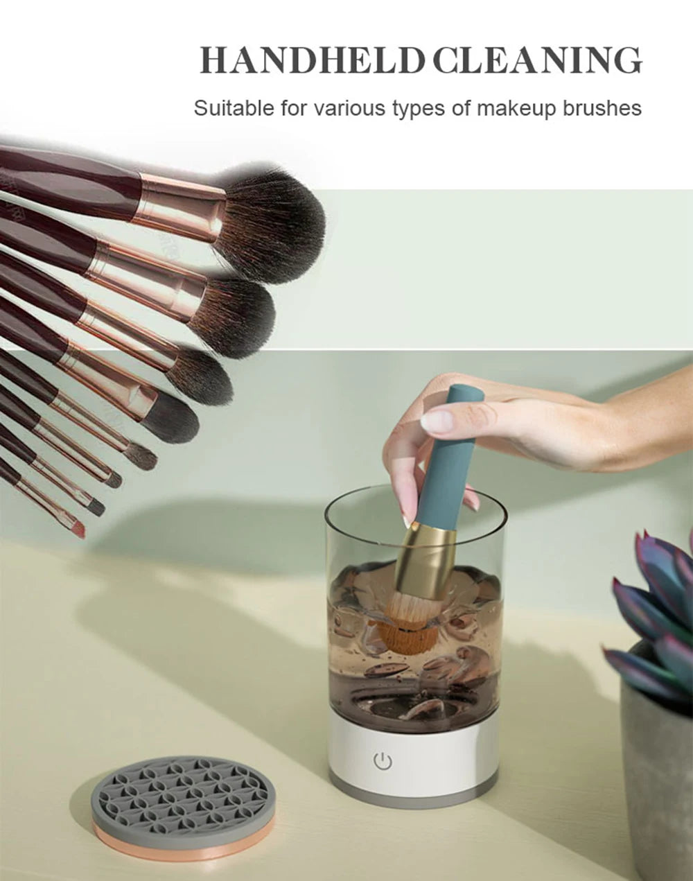 3-in-1 electric makeup brush cleaner with UV sterilization, sonic vibration, and quick-dry features. Includes a brush holder and USB cable for convenient use.