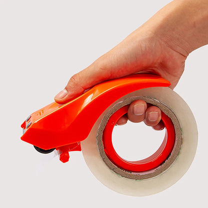 Heavy duty shipping tape dispenser with large transparent tape and built-in cutter.