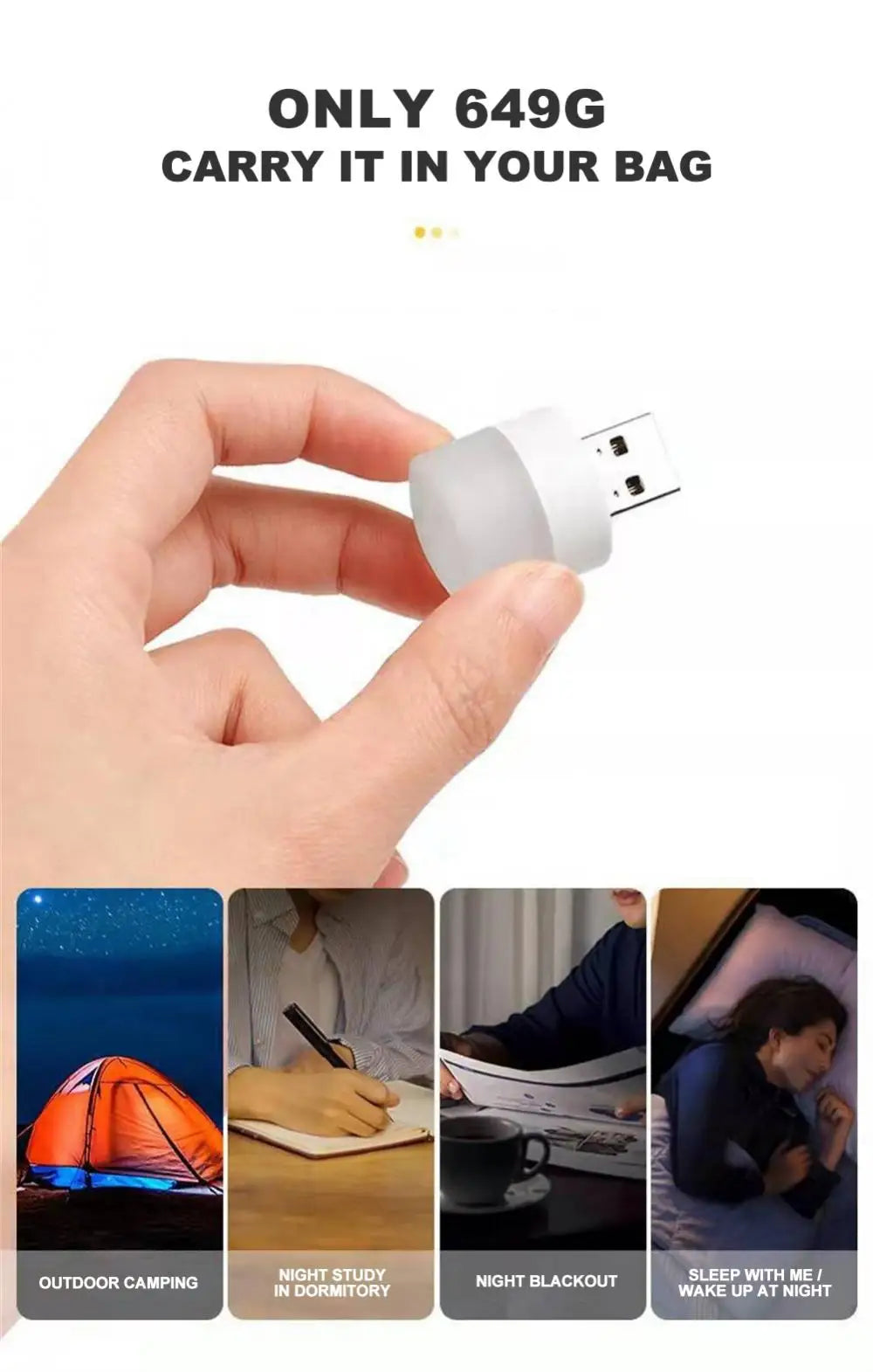 USB LED plug lamp, 1W night light providing warm white illumination. Available individually or in packs of 10, perfect for reading and portable lighting