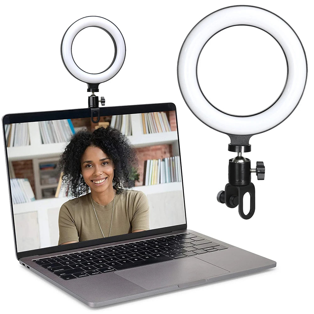 6.3 Inch LED ring light with adjustable brightness and bi-color temperature for selfies, live streaming, and video conferencing.