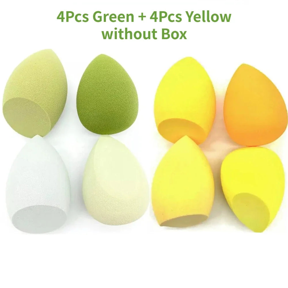 Assorted makeup sponges and puffs in a set of 4/8, ideal for applying foundation, concealer, and blush. Made of soft latex, perfect for a smooth, flawless makeup finish.