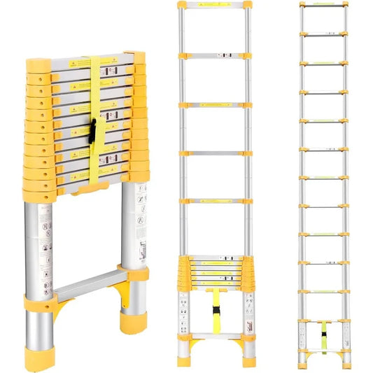 3-step aluminum folding ladder with anti-slip pedals and telescoping design, supports up to 330 lbs. Ideal for versatile tasks and easy storage.