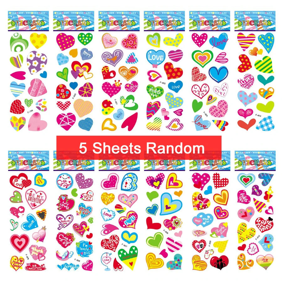 Five sheets of colorful puffy stickers featuring various cartoon designs, perfect for kids' scrapbooking and holiday gifts.