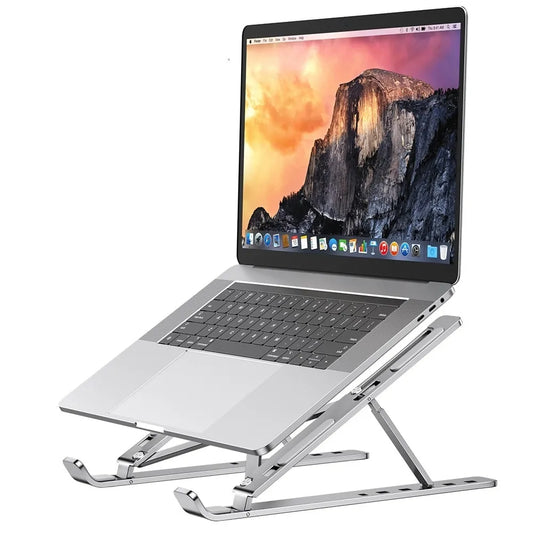 Portable aluminum laptop stand with adjustable height levels, compatible with MacBook Air/Pro and PCs, designed for ergonomic comfort and on-the-go use.