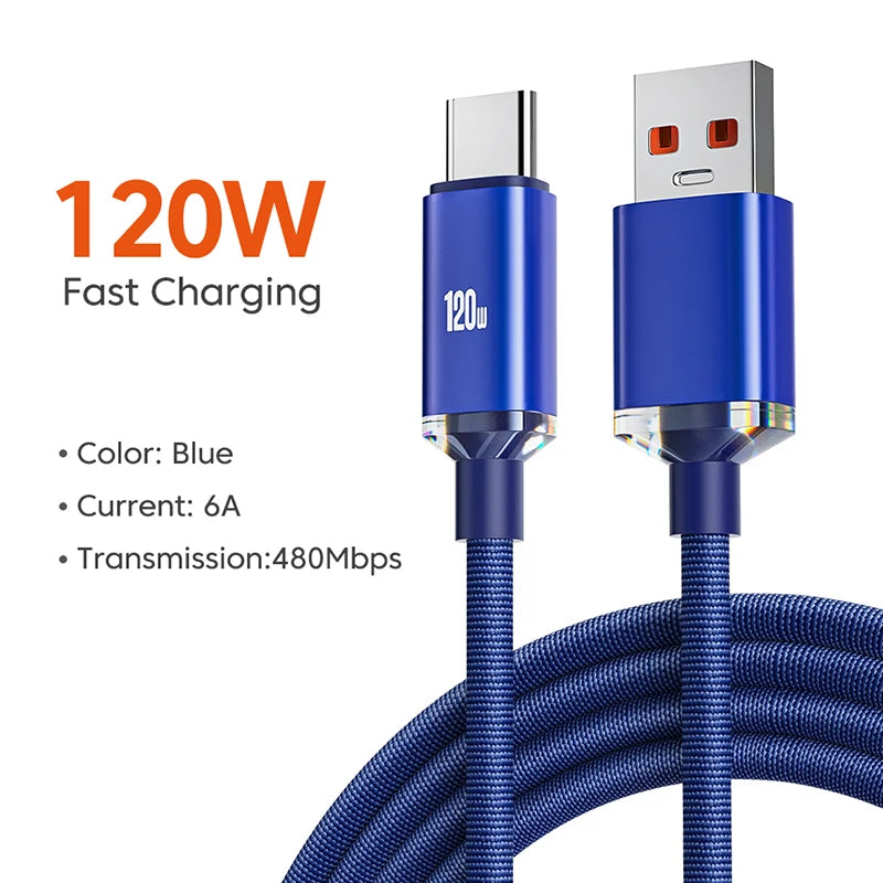 120W 6A Fast Charge USB Type-C Cable, compatible with Samsung, Realme, Xiaomi, Huawei