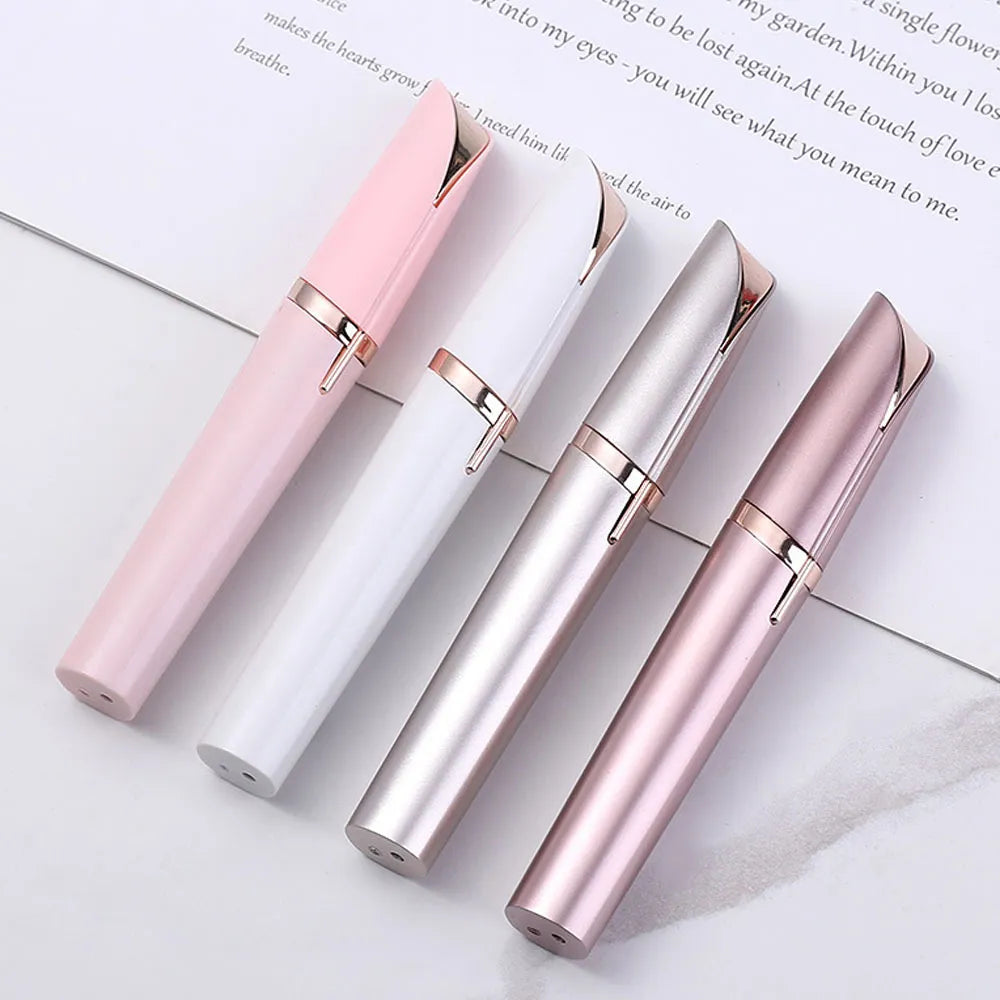 electric eyebrow trimmer in lipstick-shaped design with built-in LED light, offering painless and precise facial hair removal. Portable and discreet for on-the-go grooming