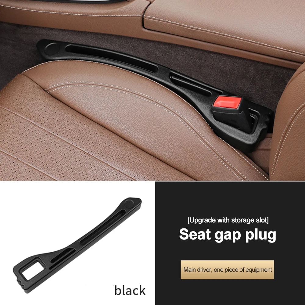 Car seat gap filler organizer with 3 grooves for small items, waterproof PU material.