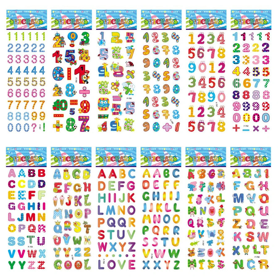 Five sheets of colorful puffy stickers featuring various cartoon designs, perfect for kids' scrapbooking and holiday gifts.