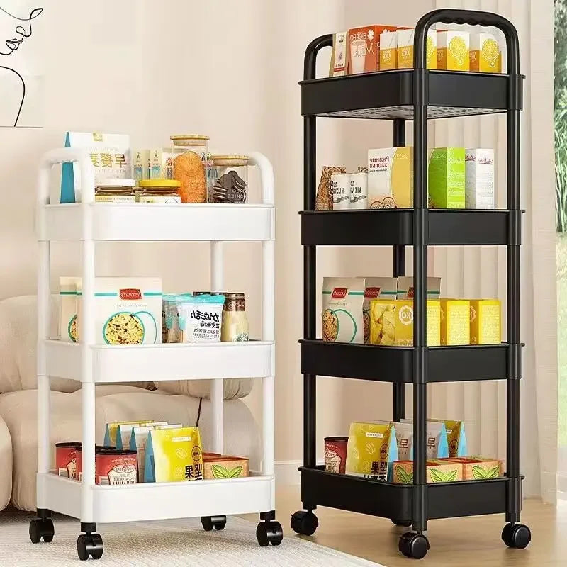 Multi-layer trolley rack with multiple tiers for versatile storage in any room.