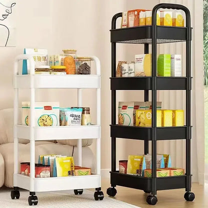 Multi-layer trolley rack with multiple tiers for versatile storage in any room.