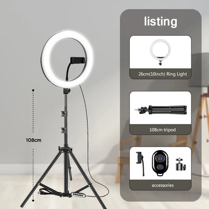 10" LED selfie ring light with adjustable bi-color temperature (3200K-5600K), 3 light modes (white, warm, soft), 10 brightness levels, and a stable tripod with phone stand. Ideal for makeup, live streaming, and photography.