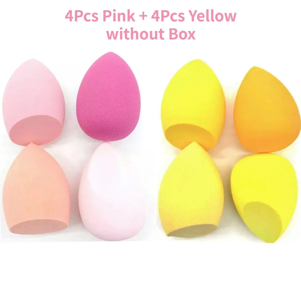 Assorted makeup sponges and puffs in a set of 4/8, ideal for applying foundation, concealer, and blush. Made of soft latex, perfect for a smooth, flawless makeup finish.