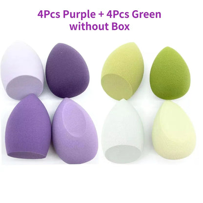 Assorted makeup sponges and puffs in a set of 4/8, ideal for applying foundation, concealer, and blush. Made of soft latex, perfect for a smooth, flawless makeup finish.