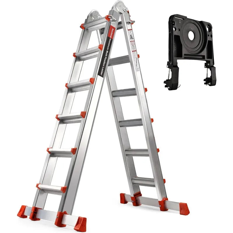 XMSJ 17 Ft telescopic aluminum ladder with stabilizer bars and removable tool tray.