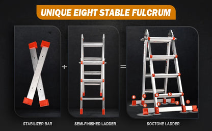 XMSJ 17 Ft telescopic aluminum ladder with stabilizer bars and removable tool tray.