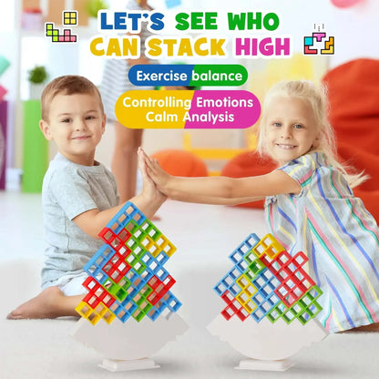 Colorful plastic blocks stacked in a balance game, perfect for kids and adults.