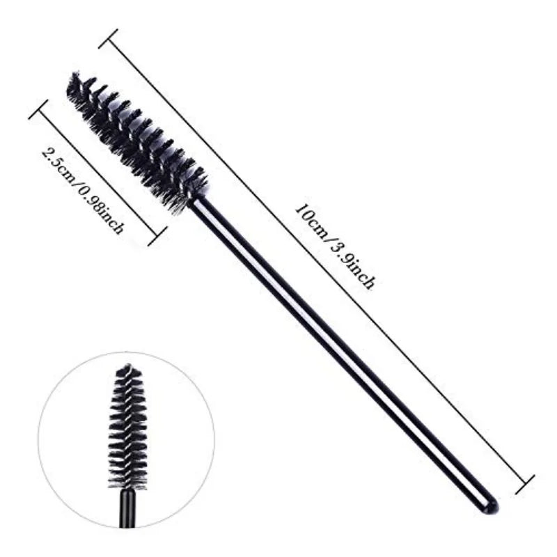 A collection of disposable eyelash mascara brushes and eyebrow spoolie wands, available in packs of 100 or 300. Ideal for lash extensions, eyebrow grooming, and makeup application.