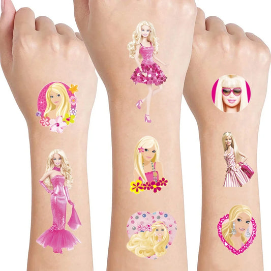 Barbie tattoo stickers featuring original pink princess designs. Waterproof and ideal for birthday parties, decorations, and gifts for kids and girls.