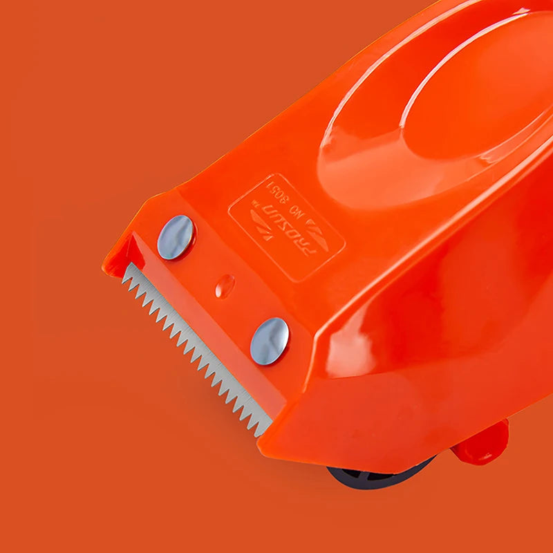 Heavy duty shipping tape dispenser with large transparent tape and built-in cutter.