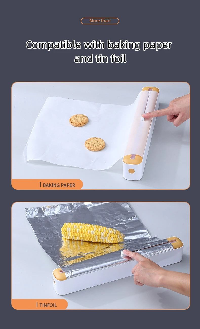 Plastic cling wrap dispenser with cutter, anti-drop design, fits up to 35 cm wide wraps.