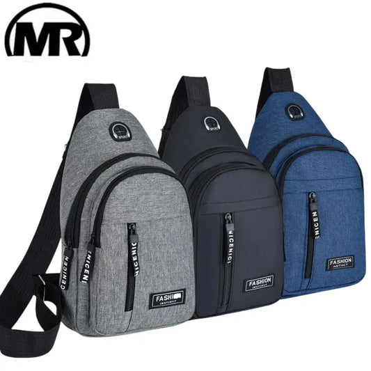 Markroyal multifunctional men's chest bag in Oxford cloth, available in black, gray, and blue, with a telescopic handle and multiple compartments.