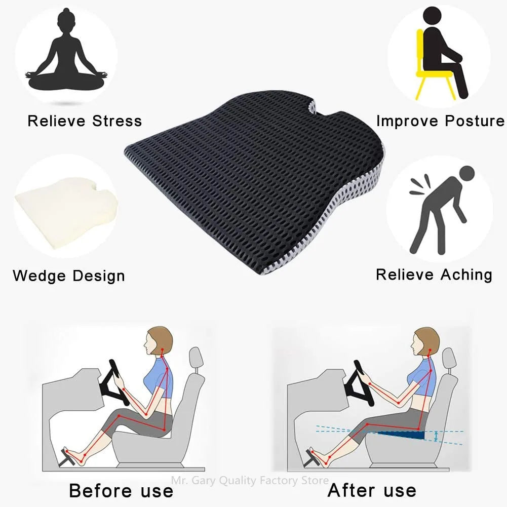 Memory foam wedge cushion for car seats, office chairs, and wheelchairs.