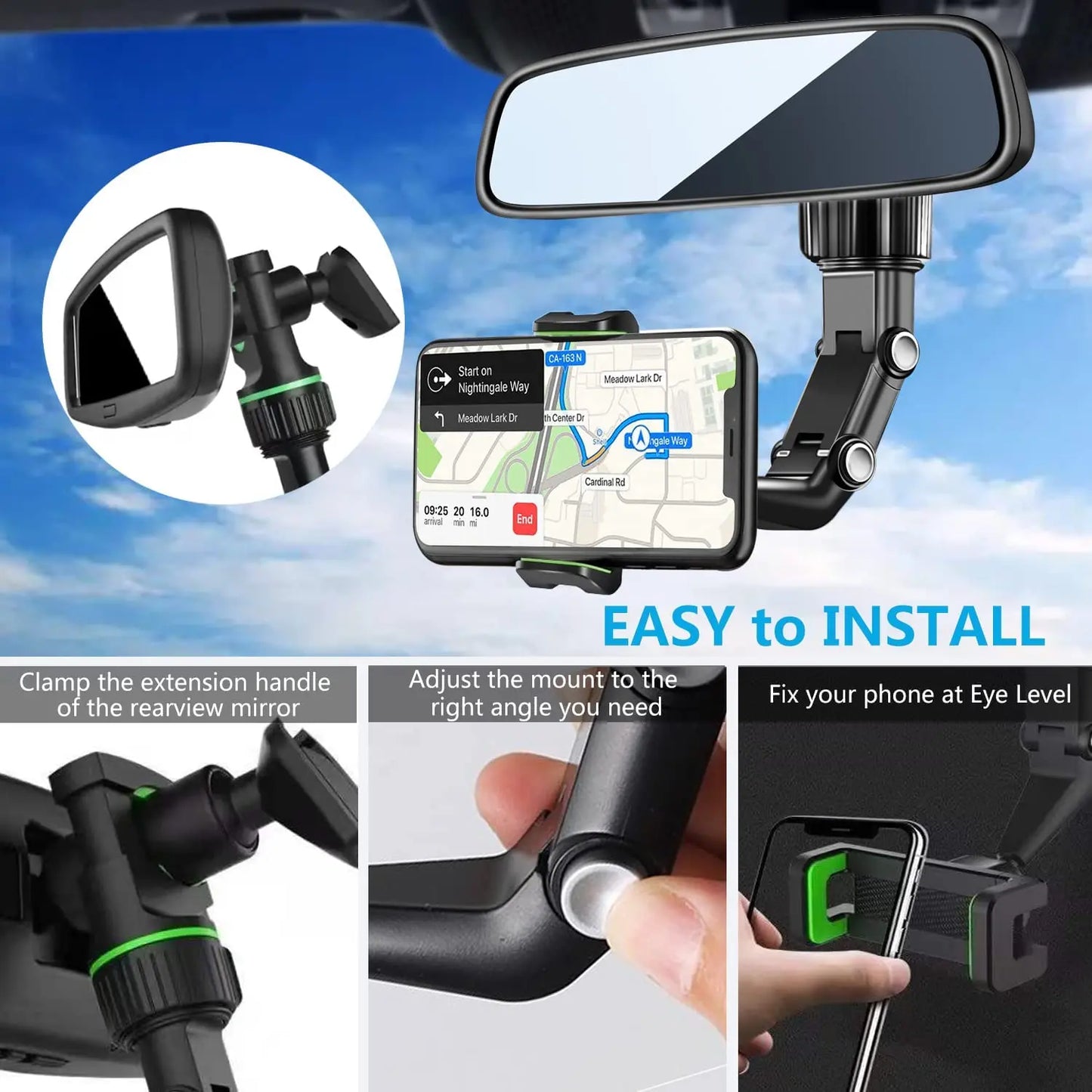 360° Rotating Rearview Mirror Phone Holder for Car - Universal GPS Mount