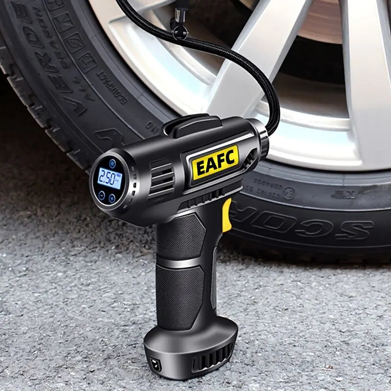 Portable 12V digital car air compressor with LED light for tire inflation.