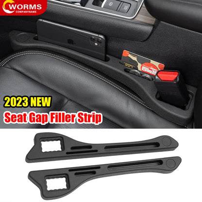 Universal car seat gap filler plug strip made from durable PU material, designed to prevent items from falling into the gap between the seat and console. Features holes for seat belt buckle access. Available in multiple colors.