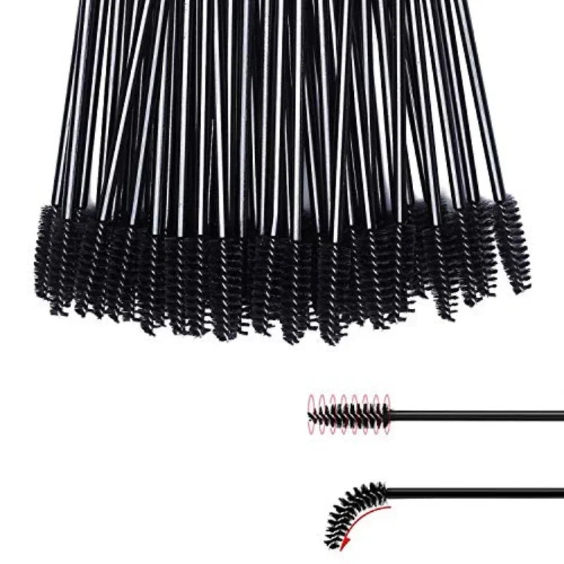 A collection of disposable eyelash mascara brushes and eyebrow spoolie wands, available in packs of 100 or 300. Ideal for lash extensions, eyebrow grooming, and makeup application.