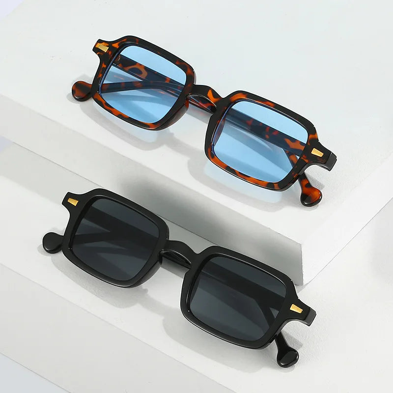 SO&EI fashion square sunglasses with retro rivet decoration and gradient UV400 lenses, available in leopard and blue, designed for women and men.